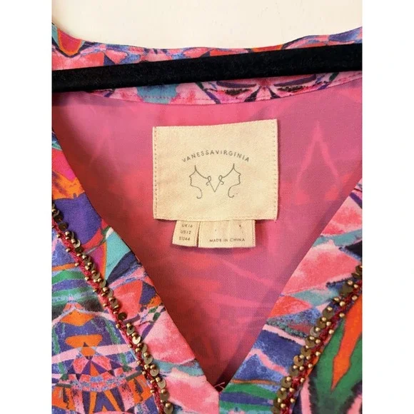 Vanessa Virginia Anthropologie Dress 12 Vibrant Print Boho Maxi Tie Back V Neck - Picture 4 of 7